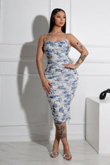 EDGE — ivory and blue floral mesh ruched tank dress, front view on model