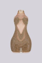 Sleeveless halter mini dress with an illusion nude mesh paneling with rhinestone accents