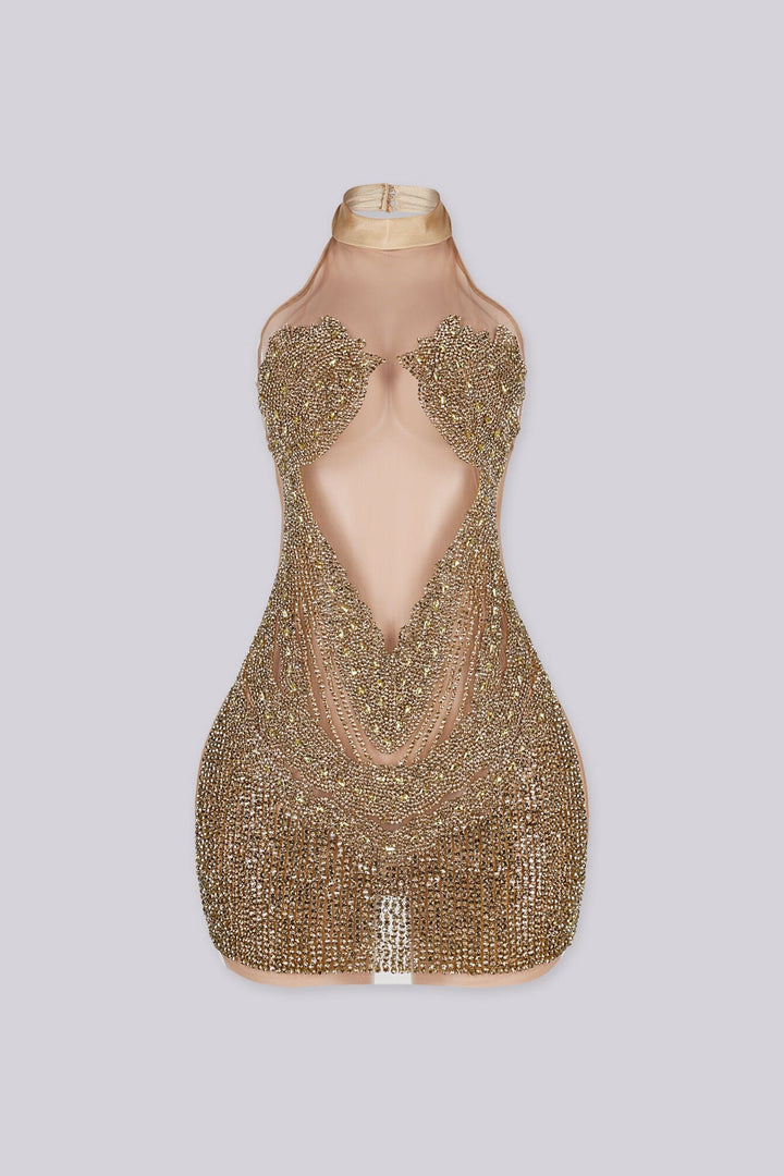 Sleeveless halter mini dress with an illusion nude mesh paneling with rhinestone accents