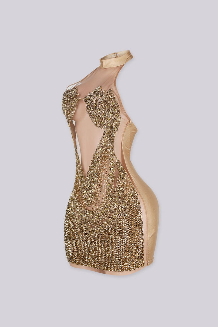 Sleeveless halter mini dress with an illusion nude mesh paneling with rhinestone accents
