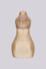 Sleeveless halter mini dress with an illusion nude mesh paneling with rhinestone accents