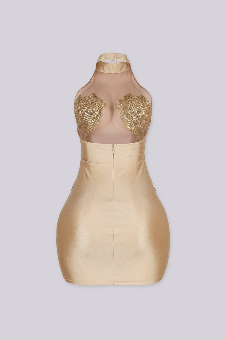 Sleeveless halter mini dress with an illusion nude mesh paneling with rhinestone accents