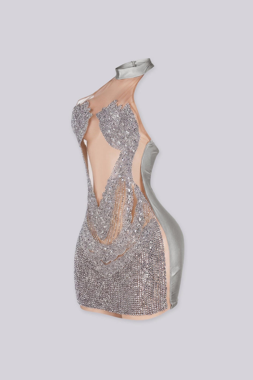 Sleeveless halter mini dress with an illusion nude mesh paneling with rhinestone accents