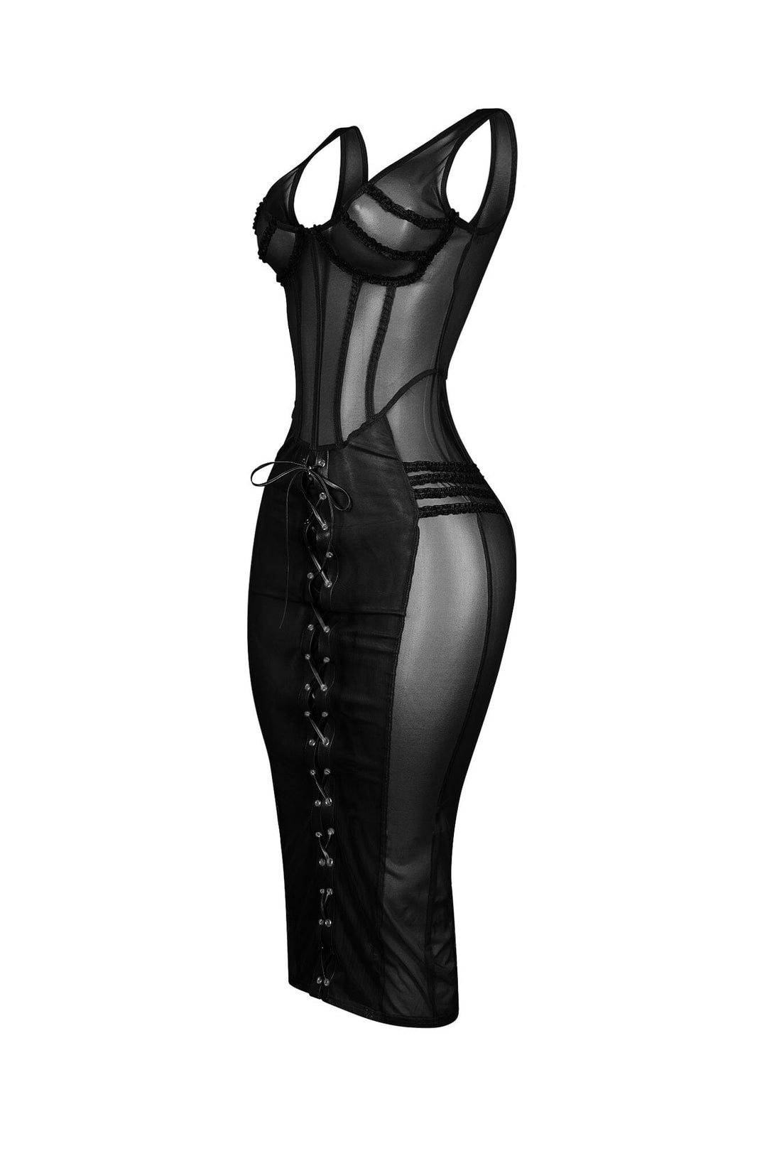 Mesh bustier midi dress with sweetheart neckline featuring front corset lace up details