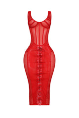 Mesh bustier midi dress with sweetheart neckline featuring front corset lace up details