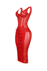 Mesh bustier midi dress with sweetheart neckline featuring front corset lace up details