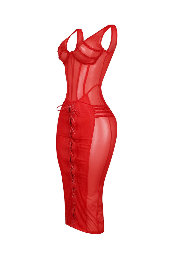 Mesh bustier midi dress with sweetheart neckline featuring front corset lace up details