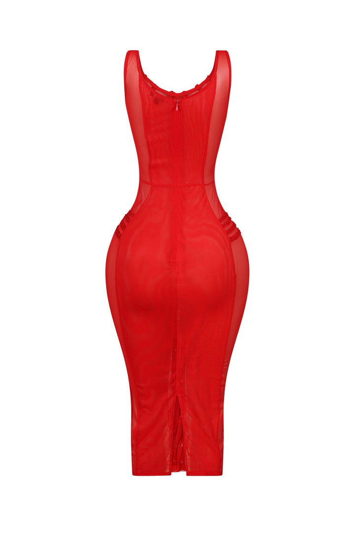 Mesh bustier midi dress with sweetheart neckline featuring front corset lace up details