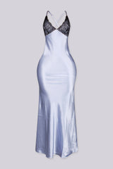 Fluid weightless satin drape maxi slip dress featuring bust lace panel detail, front view