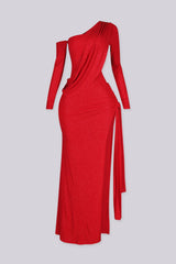 Fitted asymmetric maxi dress with one shoulder neckline and draped shoulder detail featuring shimmer glitter design