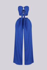 Chiffon tube top featuring central front cutout detailing with rhinestone buckle accent
Matching high waist wide leg pants with elastic waistband