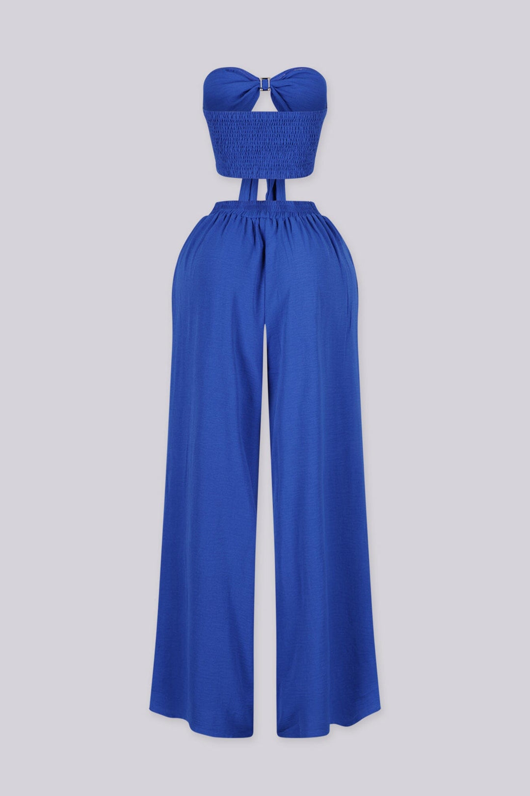 Chiffon tube top featuring central front cutout detailing with rhinestone buckle accent
Matching high waist wide leg pants with elastic waistband