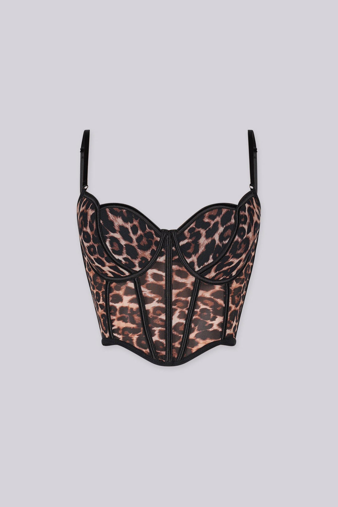 Sheer leopard mesh corset top featuring structured boning and contrast binding detailing