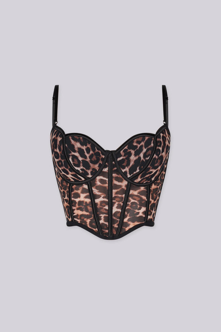 Sheer leopard mesh corset top featuring structured boning and contrast binding detailing