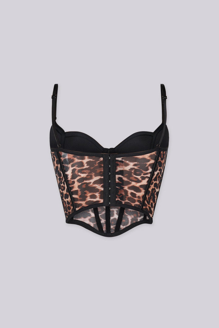 Sheer leopard mesh corset top featuring structured boning and contrast binding detailing