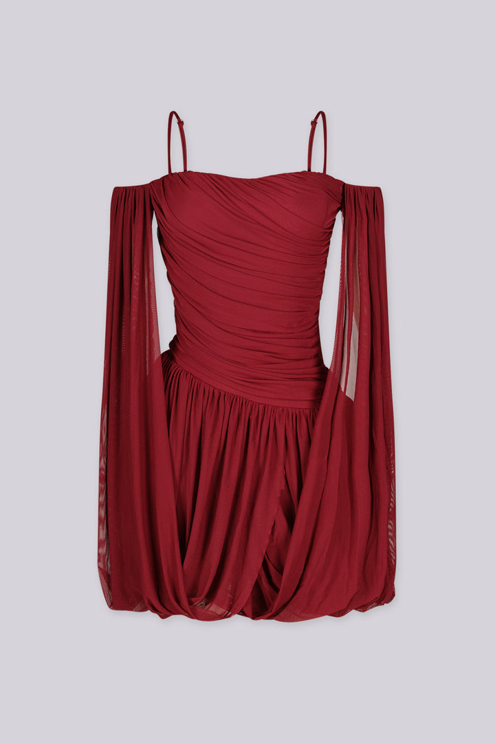 Sheer mesh mini dress with thin straps featuring oversized bishop sleeves balloon out from the shoulder