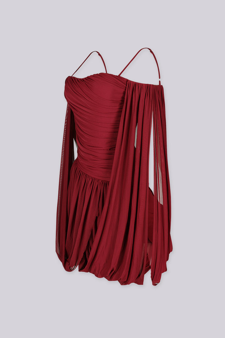 Sheer mesh mini dress with thin straps featuring oversized bishop sleeves balloon out from the shoulder