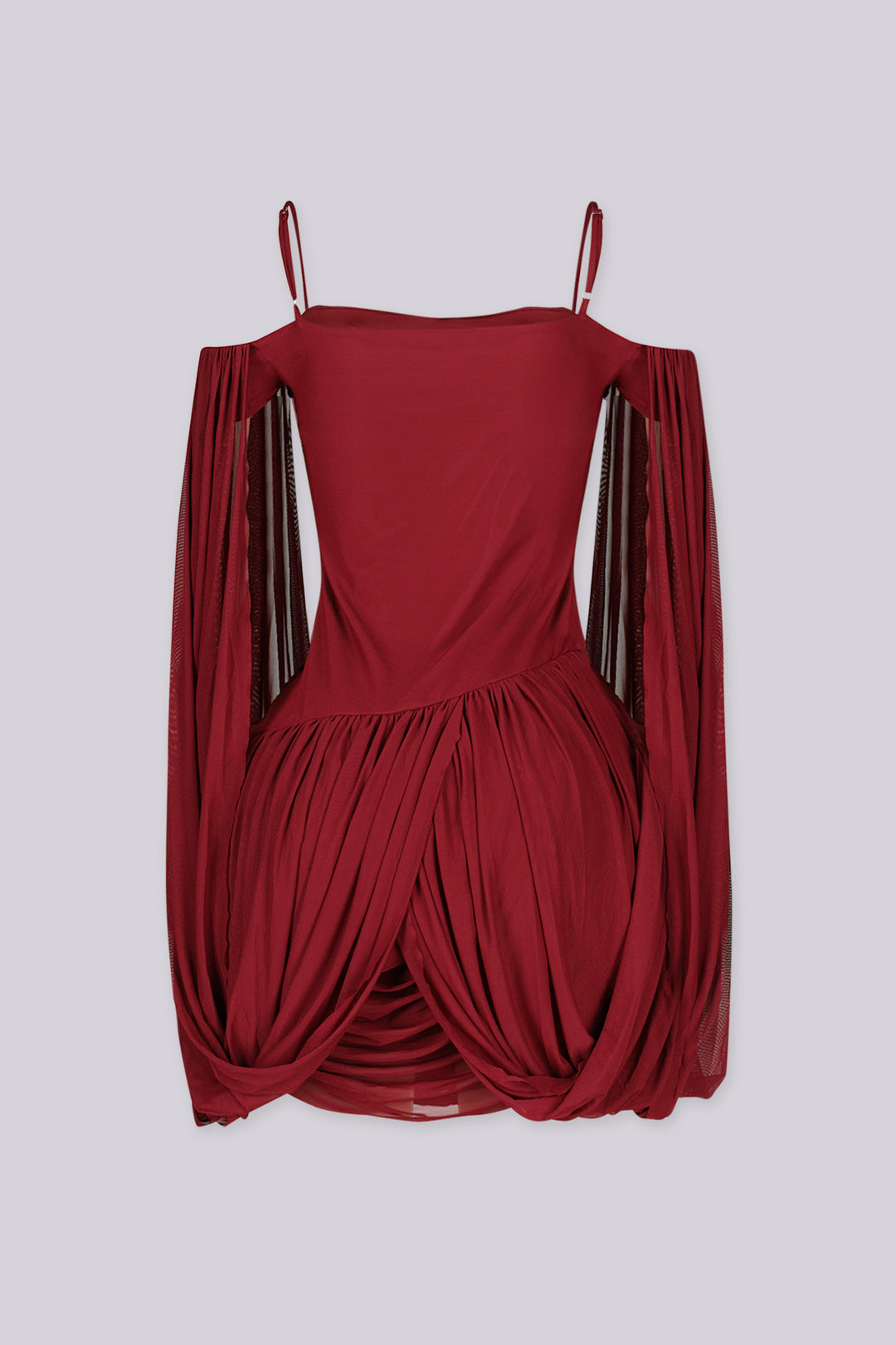 Sheer mesh mini dress with thin straps featuring oversized bishop sleeves balloon out from the shoulder