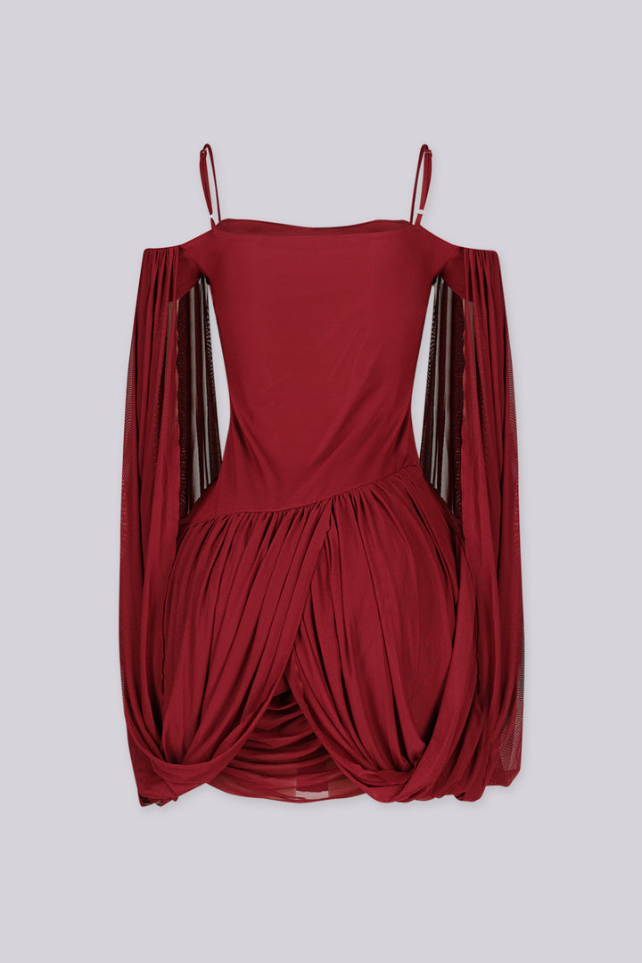 Sheer mesh mini dress with thin straps featuring oversized bishop sleeves balloon out from the shoulder