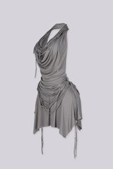 High drape halter mini dress with deep plunging cowl neckline
Layering of knotted fabric ropes cascading down the front with asymmetric handkerchief hemline