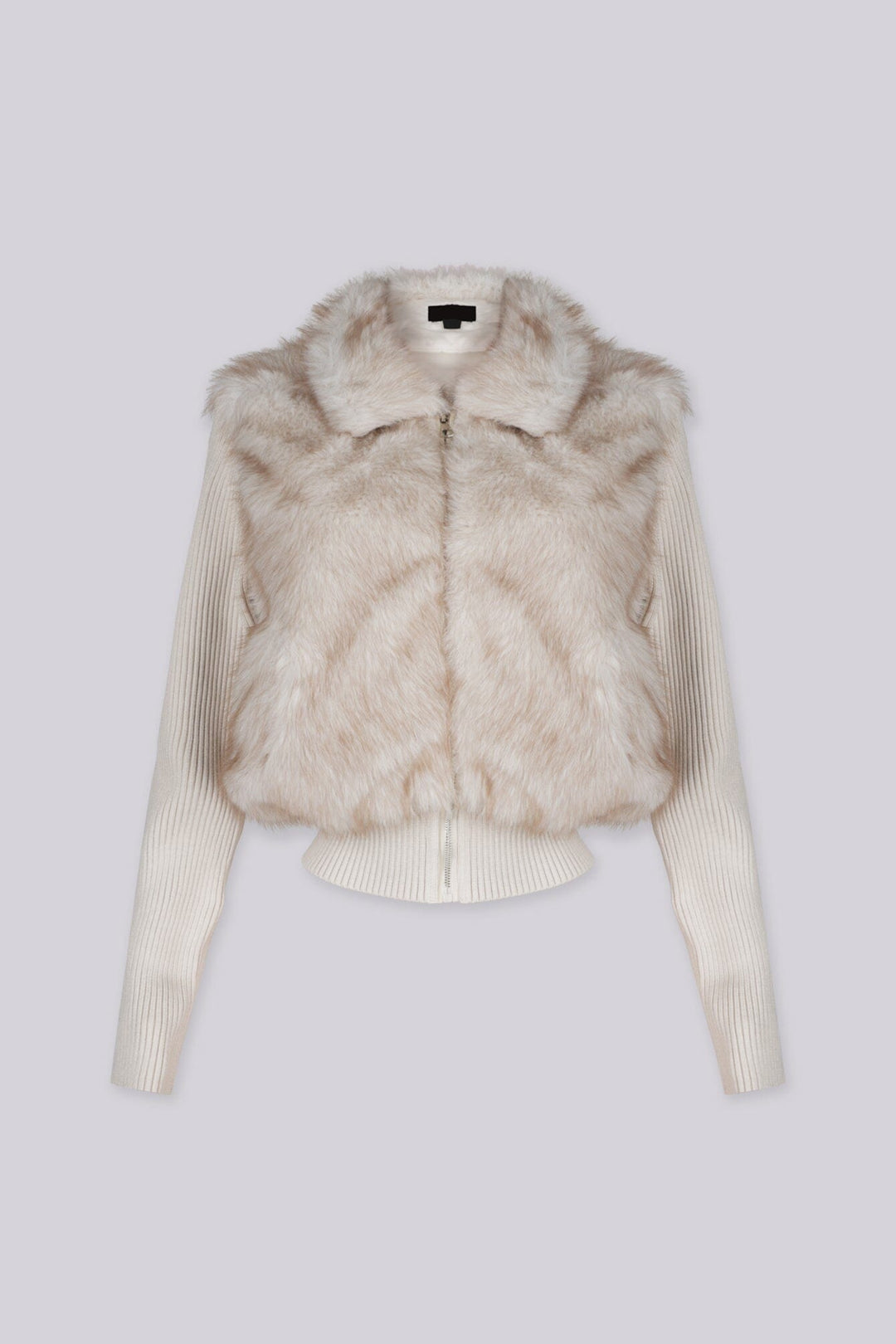 Soft faux fur full length collared jacket with ribbed long sleeve knit contrast and elastic knit hem
