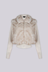 Soft faux fur full length collared jacket with ribbed long sleeve knit contrast and elastic knit hem