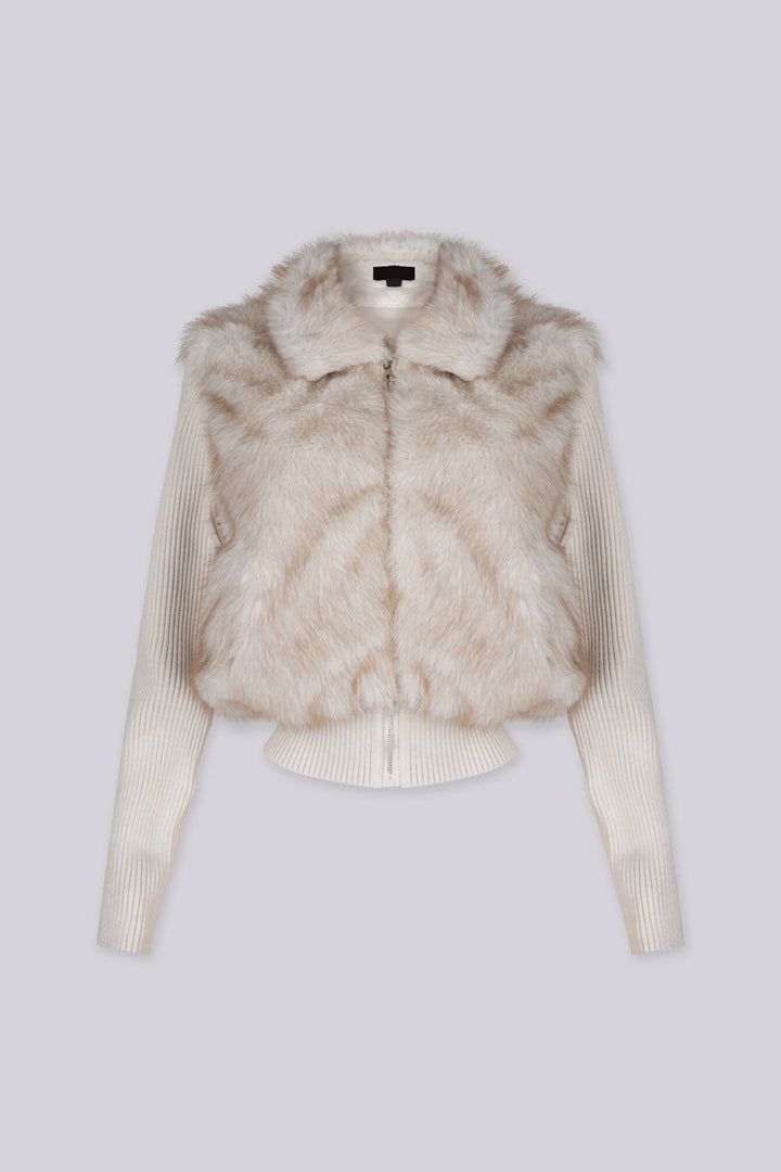 Soft faux fur full length collared jacket with ribbed long sleeve knit contrast and elastic knit hem