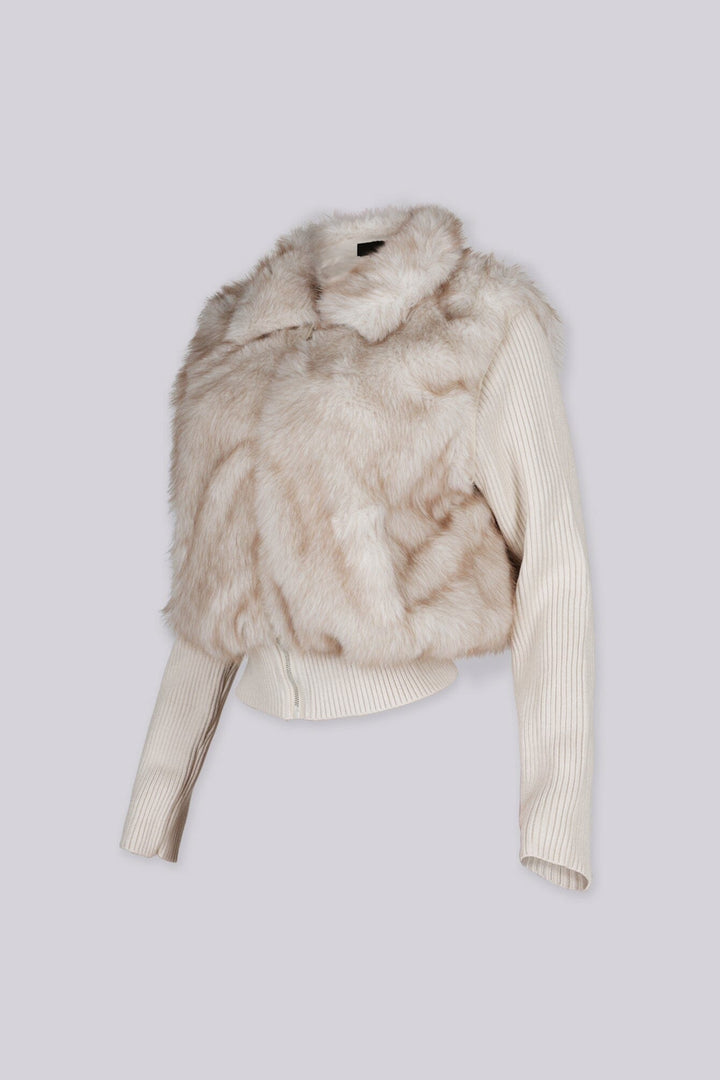 Soft faux fur full length collared jacket with ribbed long sleeve knit contrast and elastic knit hem