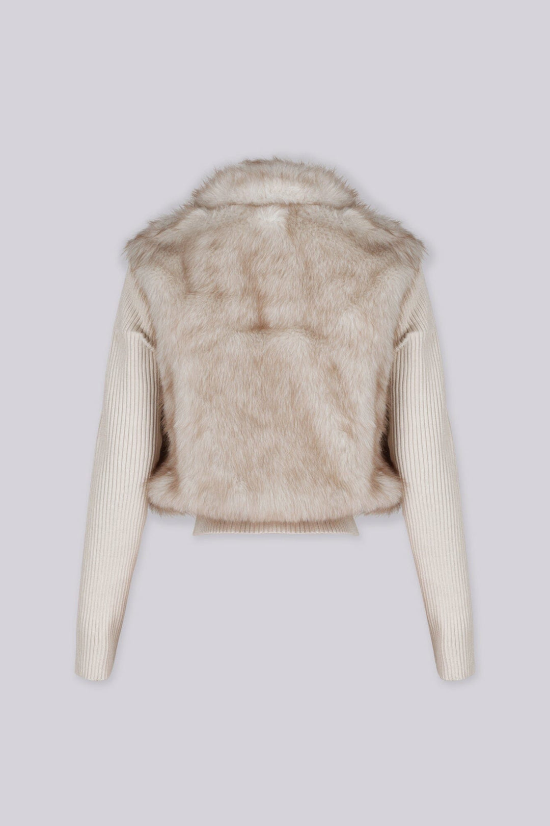 Soft faux fur full length collared jacket with ribbed long sleeve knit contrast and elastic knit hem