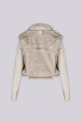 Soft faux fur full length collared jacket with ribbed long sleeve knit contrast and elastic knit hem