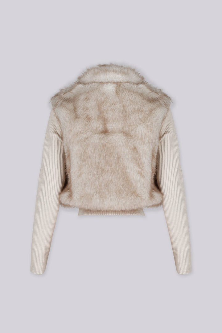 Soft faux fur full length collared jacket with ribbed long sleeve knit contrast and elastic knit hem