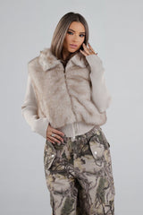 Soft faux fur full length collared jacket with ribbed long sleeve knit contrast and elastic knit hem
