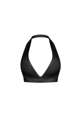 Ribbed knit cropped deep V neck halter top with open back design