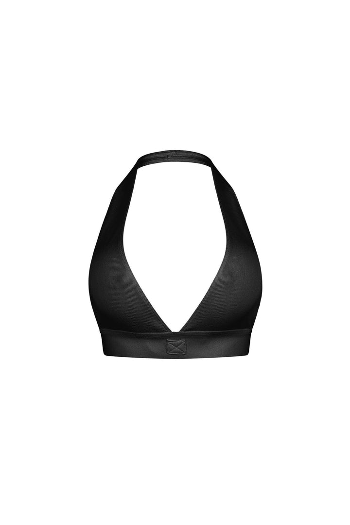 Ribbed knit cropped deep V neck halter top with open back design