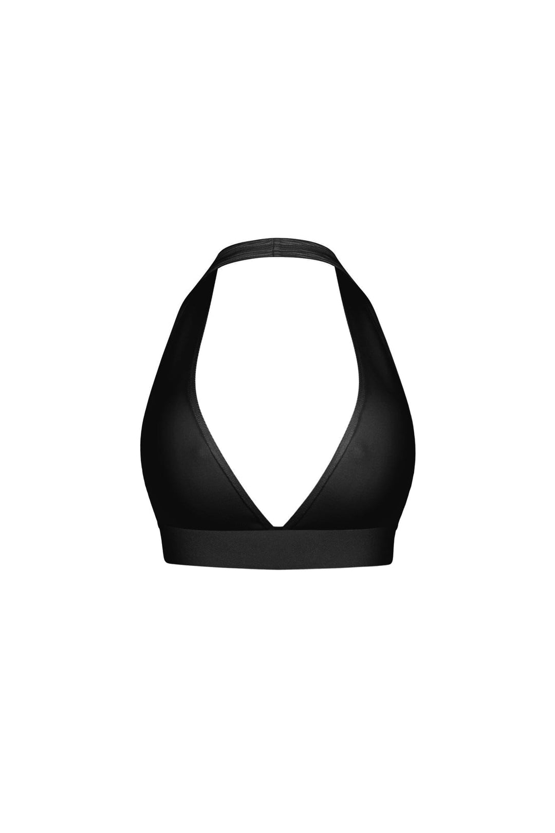 Ribbed knit cropped deep V neck halter top with open back design