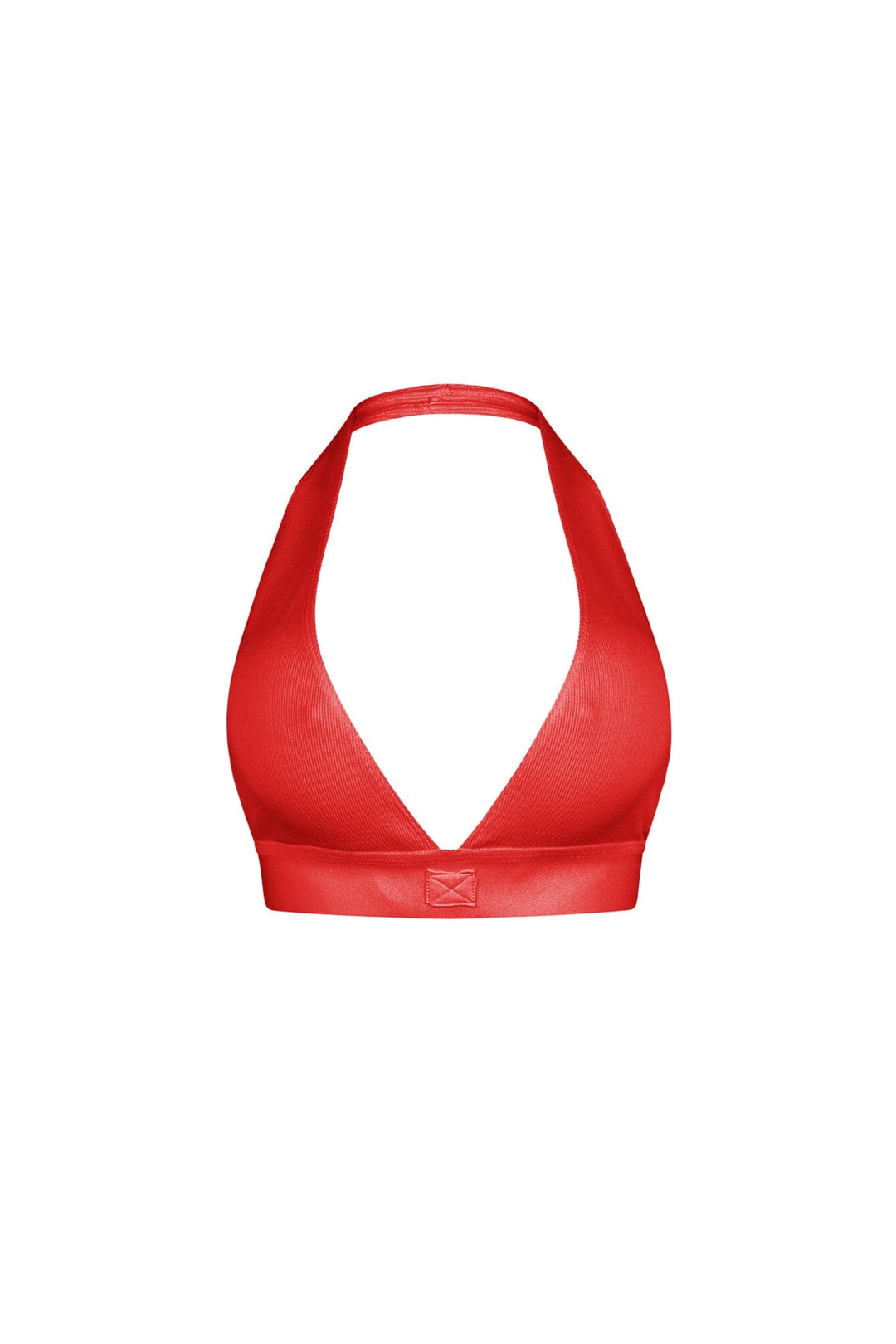 Ribbed knit cropped deep V neck halter top with open back design