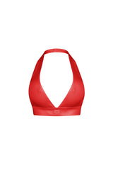 Ribbed knit cropped deep V neck halter top with open back design