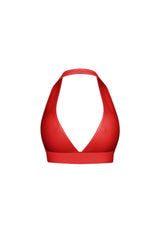 Ribbed knit cropped deep V neck halter top with open back design