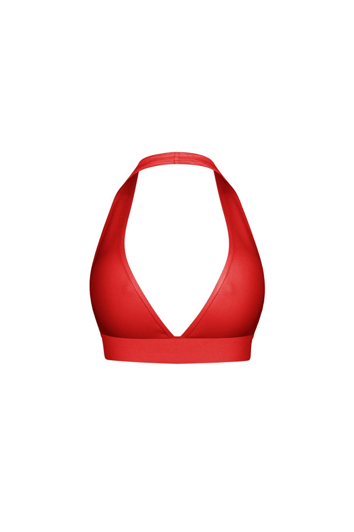 Ribbed knit cropped deep V neck halter top with open back design