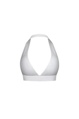 Ribbed knit cropped deep V neck halter top with open back design