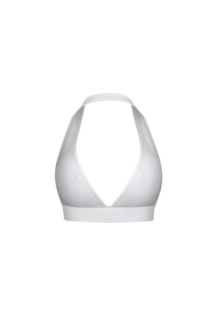Ribbed knit cropped deep V neck halter top with open back design