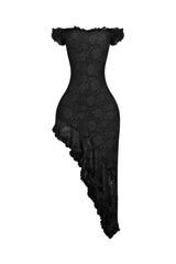 EDGE — black floral lace off-shoulder midi dress, front view flat lay