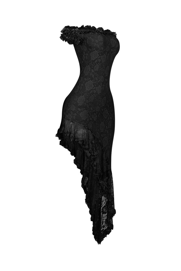 EDGE — black floral lace off-shoulder midi dress, side view flat lay