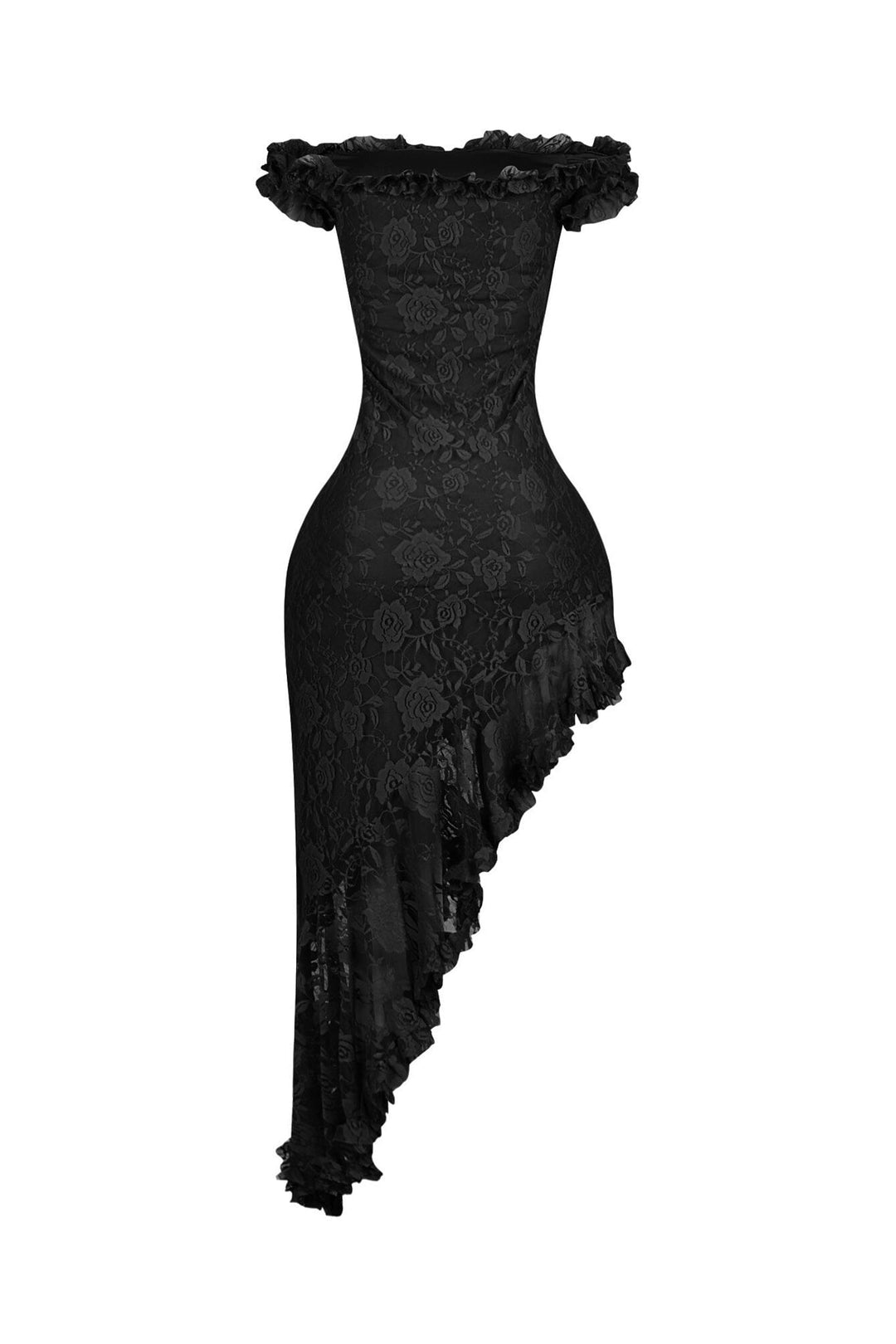 EDGE — black floral lace off-shoulder midi dress, back view flat lay