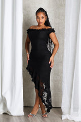 EDGE — black floral lace off-shoulder midi dress with a ruffled asymmetric hem, front view on model