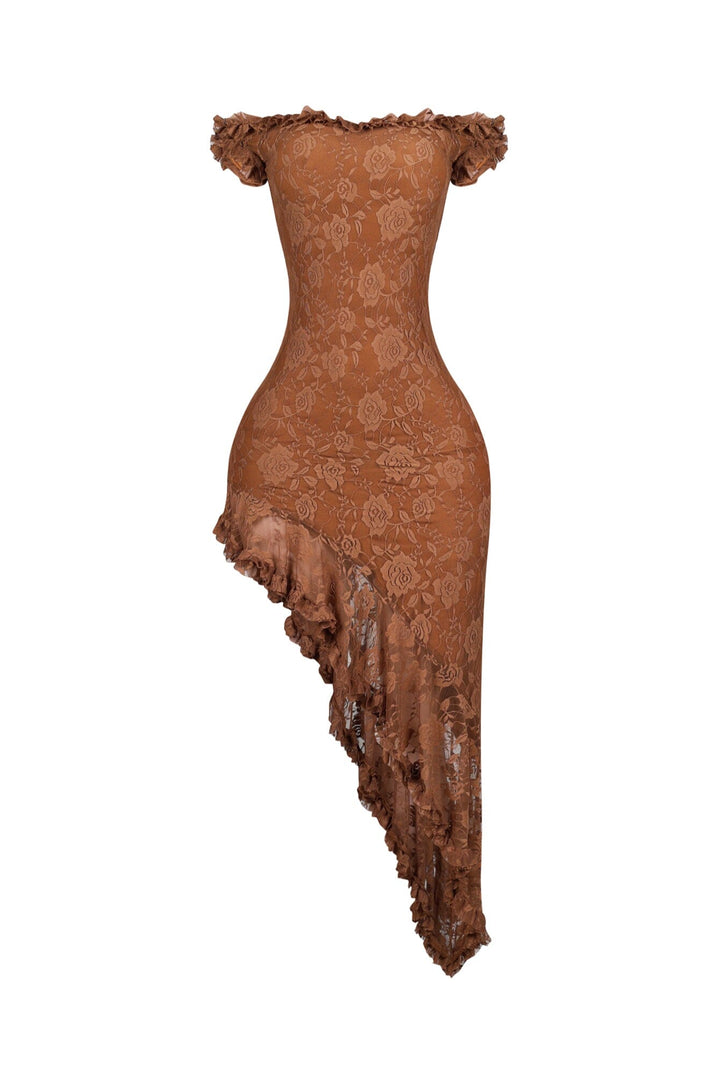 EDGE — mocha floral lace off-shoulder midi dress, front view flat lay