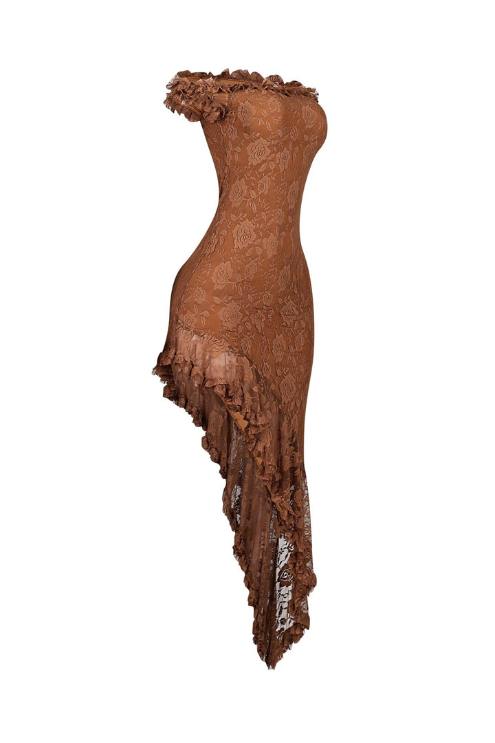 EDGE — mocha floral lace off-shoulder midi dress, side view flat lay