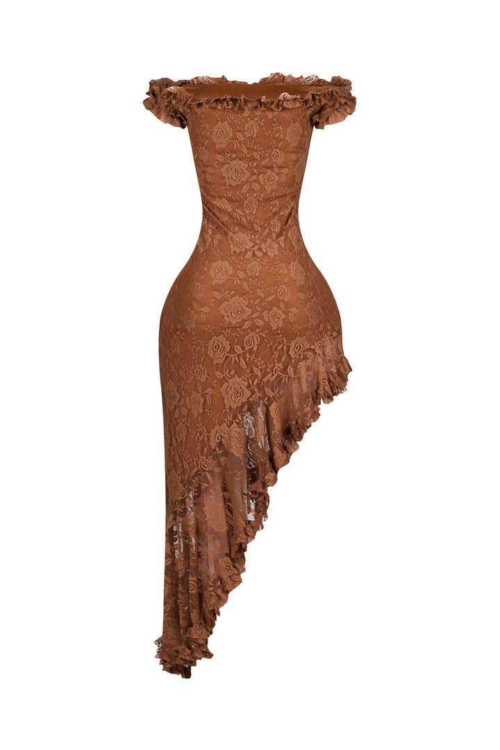 EDGE — mocha floral lace off-shoulder midi dress, back view flat lay