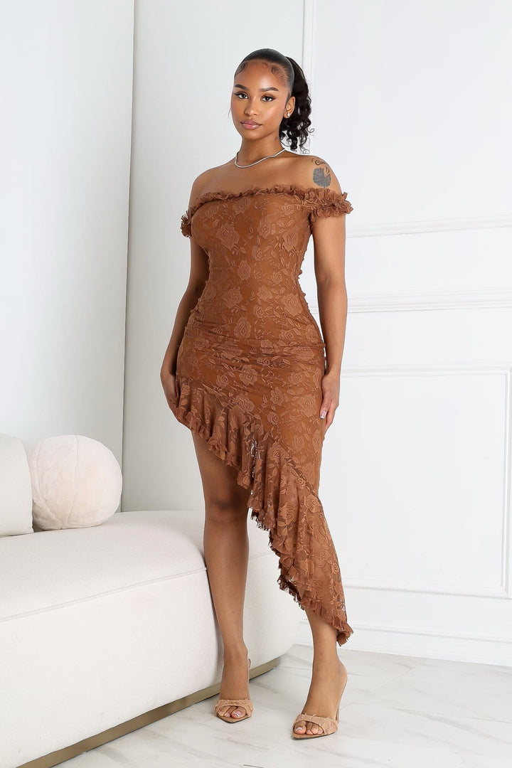 EDGE — mocha floral lace off-shoulder midi dress with a ruffled asymmetric hem, front view on model