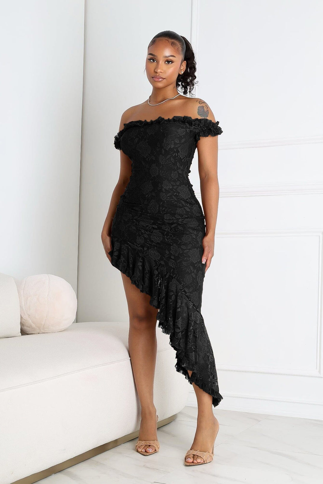 EDGE — mocha floral lace off-shoulder midi dress with a ruffled asymmetric hem, close-up front view on model